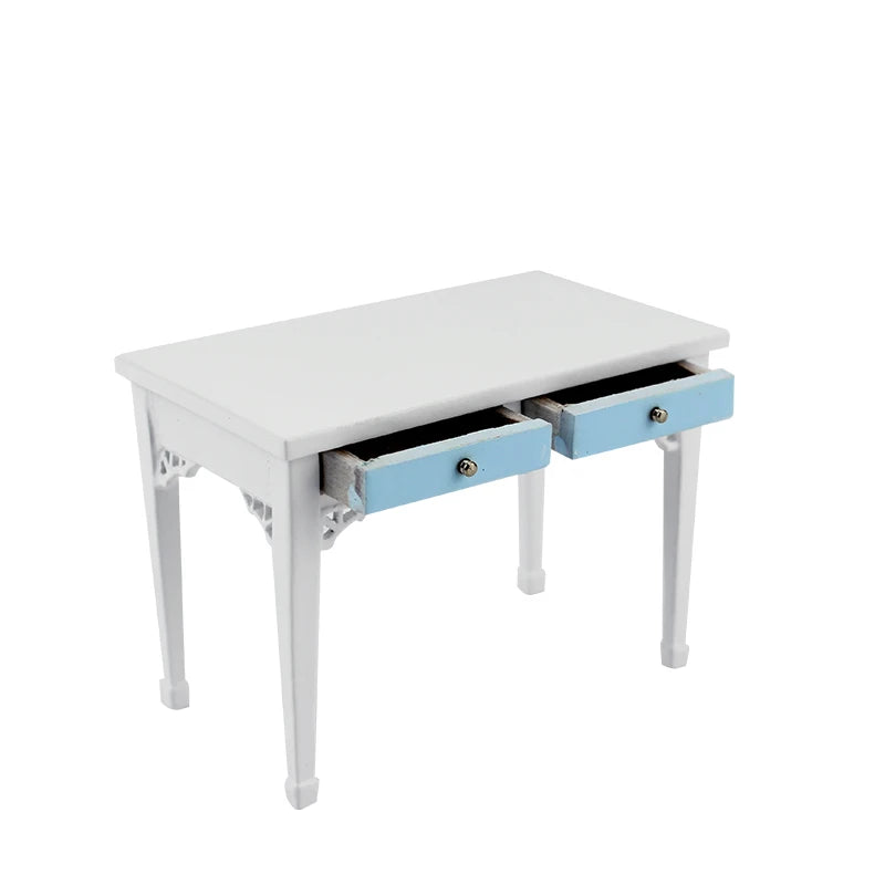 Mueble de casa de muñecas en miniatura de madera azul a escala 1:12 con mesa para exhibición a escala 1:144