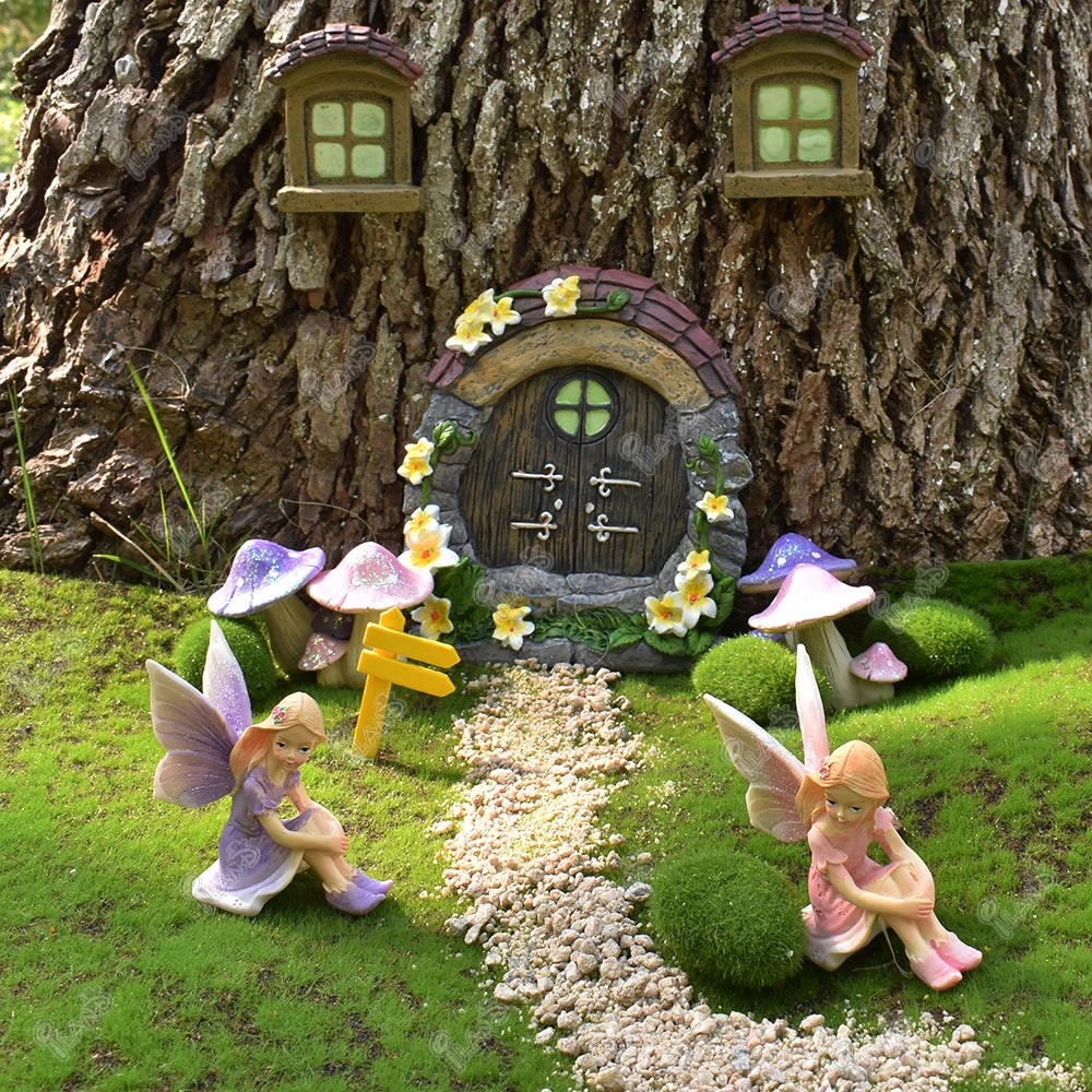 1:6 Scale Miniature Fairy Elf Angel With Butterfly Wings Girl Mushroom Purple Pink Resin Dollhouse Accessories