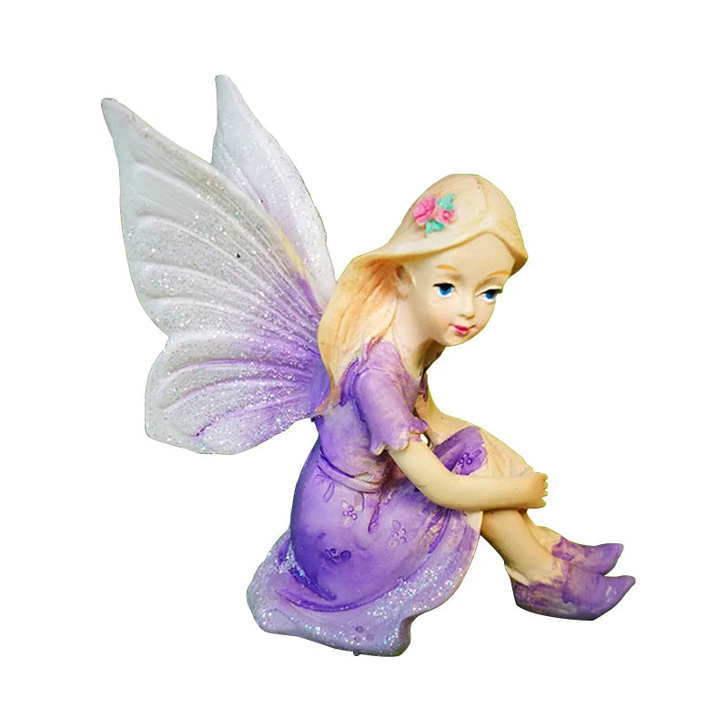1:6 Scale Miniature Fairy Elf Angel With Butterfly Wings Girl Mushroom Purple Pink Resin Dollhouse Accessories
