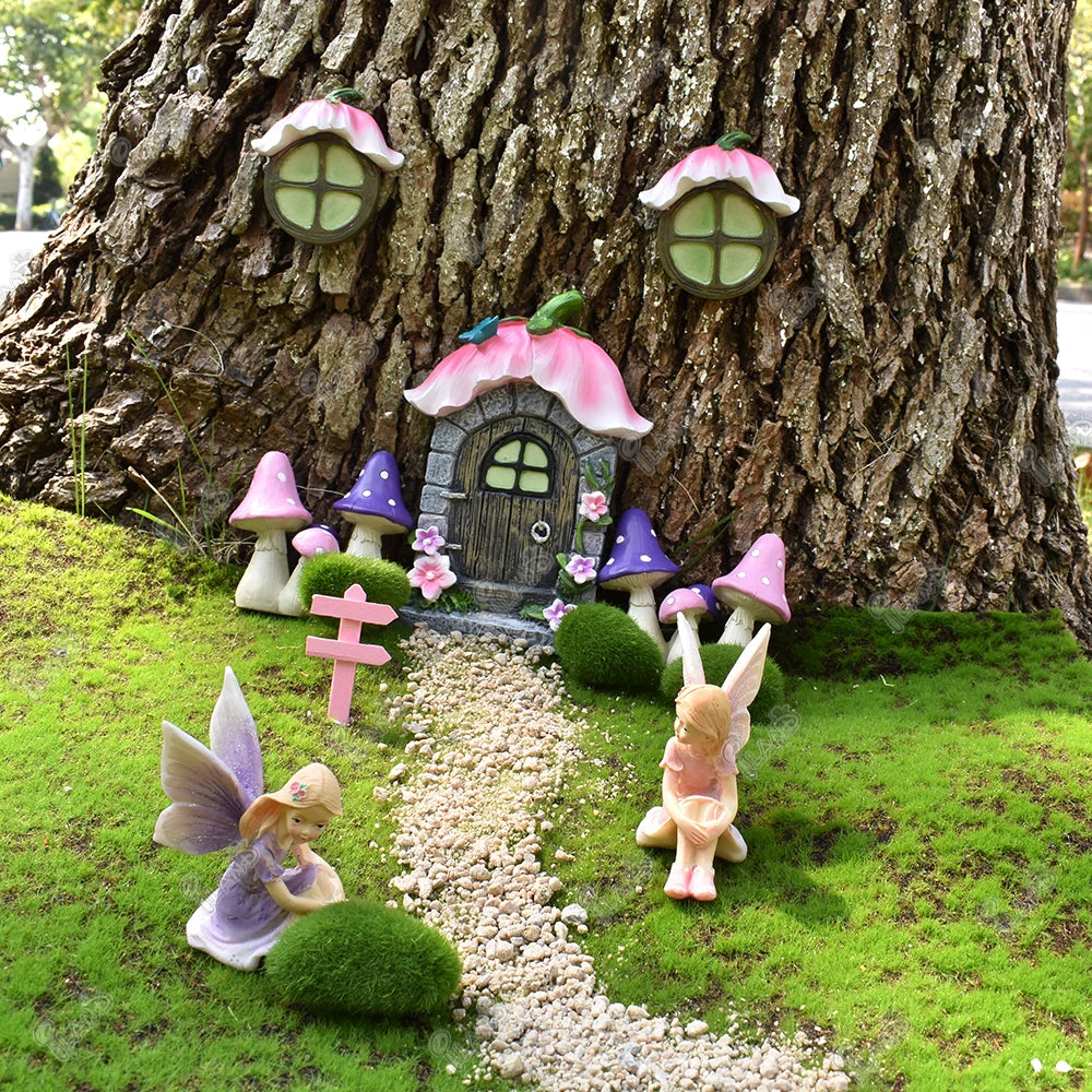 1:6 Scale Miniature Fairy Elf Angel With Butterfly Wings Girl Mushroom Purple Pink Resin Dollhouse Accessories