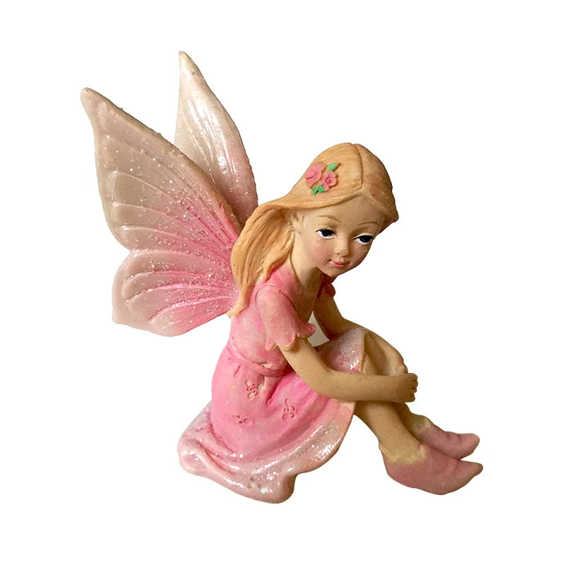 1:6 Scale Miniature Fairy Elf Angel With Butterfly Wings Girl Mushroom Purple Pink Resin Dollhouse Accessories