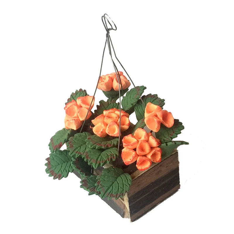 1:12 Scale Miniature Hanging Basket Flower Orange Hydrangea Dollhouse Clay Plant