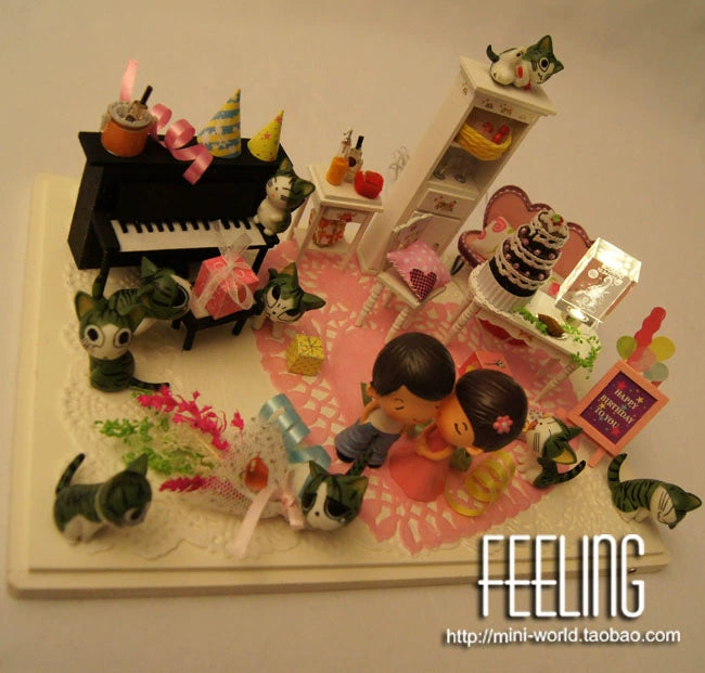 Casa de muñecas en miniatura a escala 1:12, con escena de gato y queso, con luces, regalo de cumpleaños para parejas