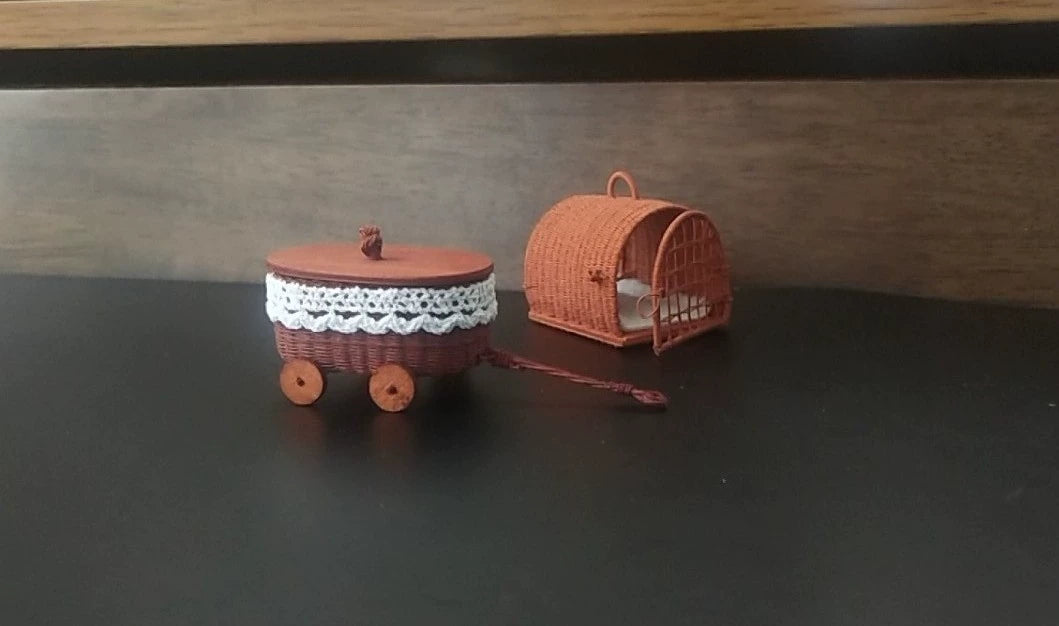1:12 Scale Miniature Woven Basket Pet Carrier Shopping Cart Dollhouse Accessory