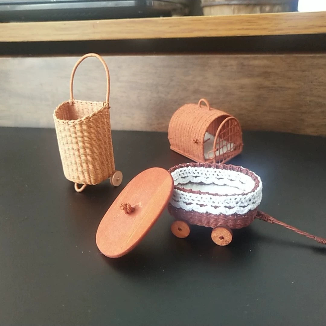 1:12 Scale Miniature Woven Basket Pet Carrier Shopping Cart Dollhouse Accessory