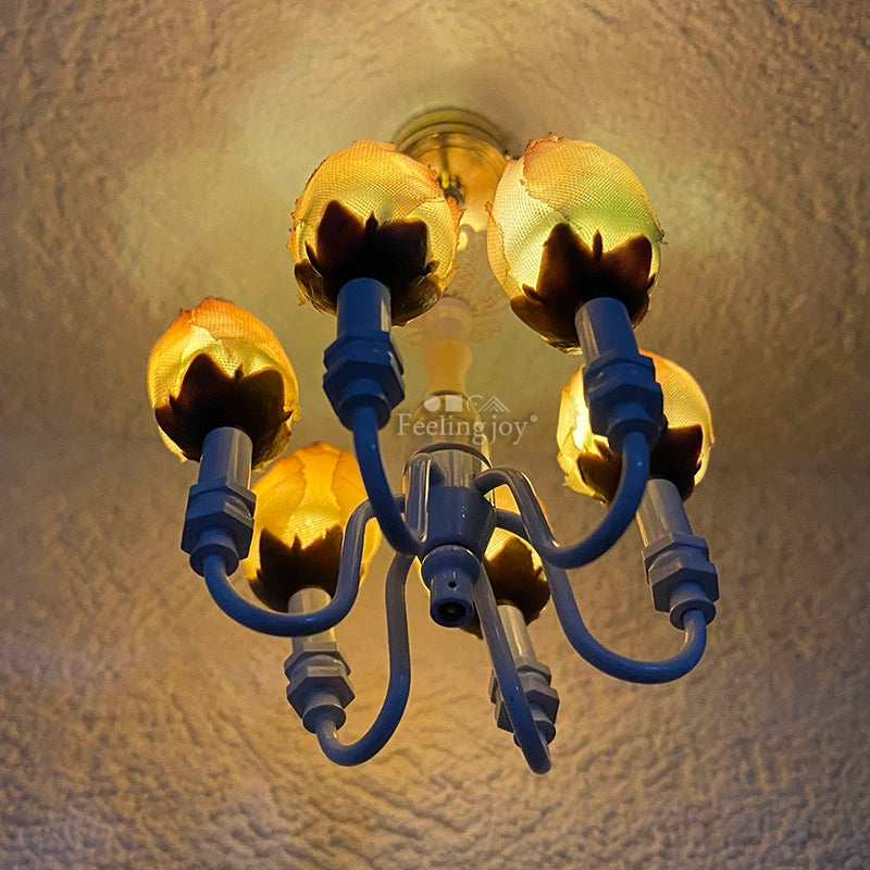 1:12 Scale Miniature Dollhouse Rose Six Head Wireless LED Chandelier Lighting Accessory
