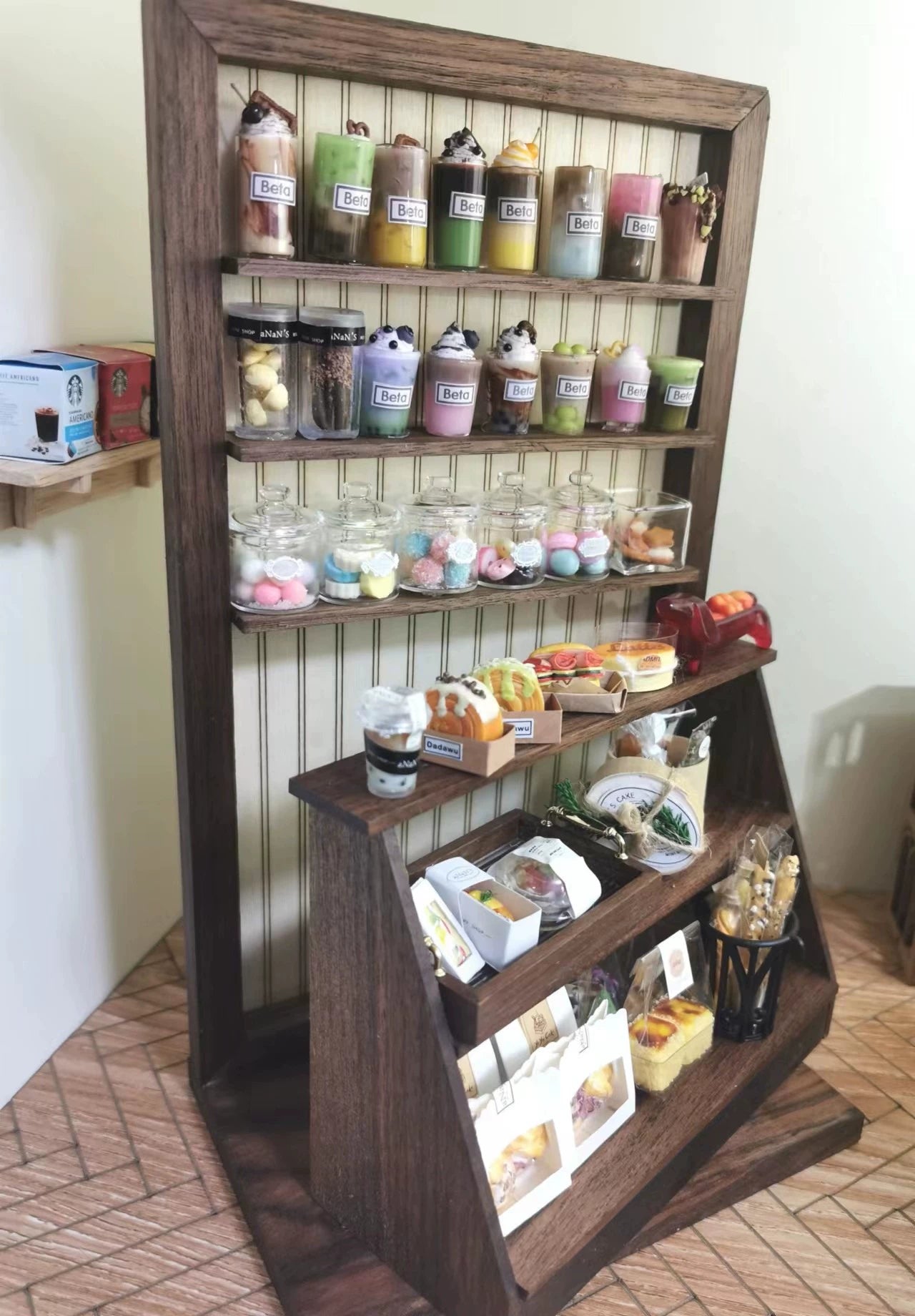 Estante de exhibición de madera a escala 1:12, muebles para casa de muñecas en miniatura, hecho a mano, nogal negro, dos usos
