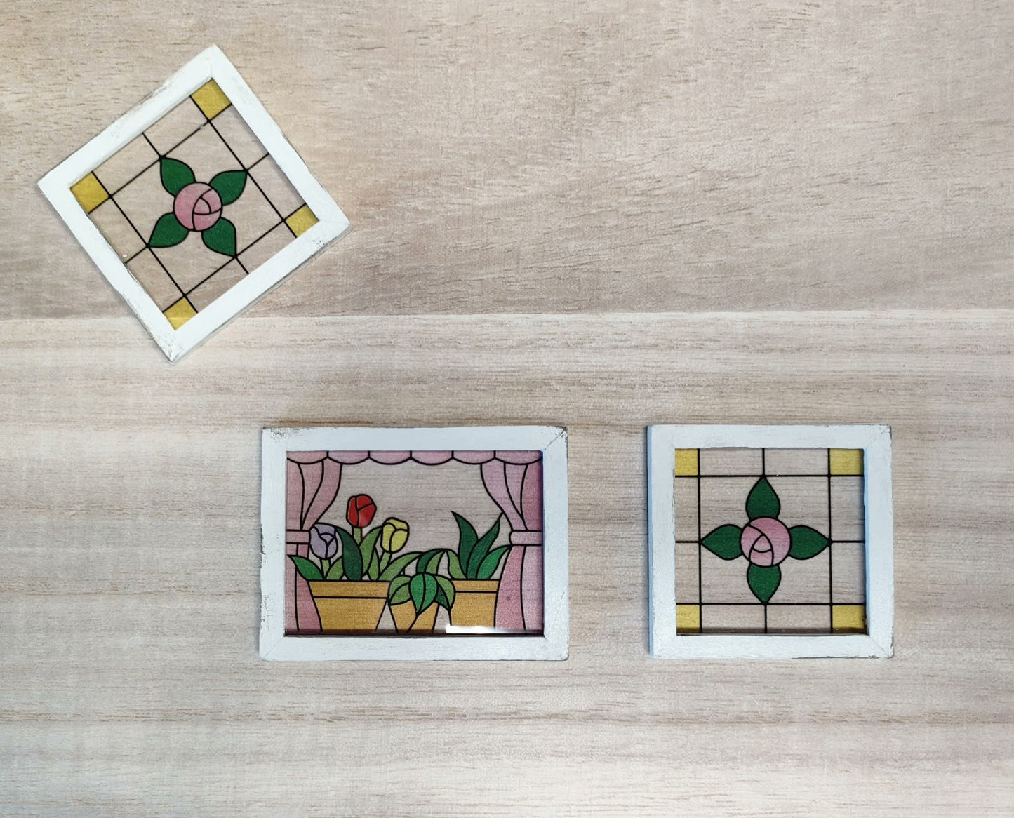 Juego de 2 mini ventanas con flores, decoración hecha a mano, escala 1:12, para casa de muñecas