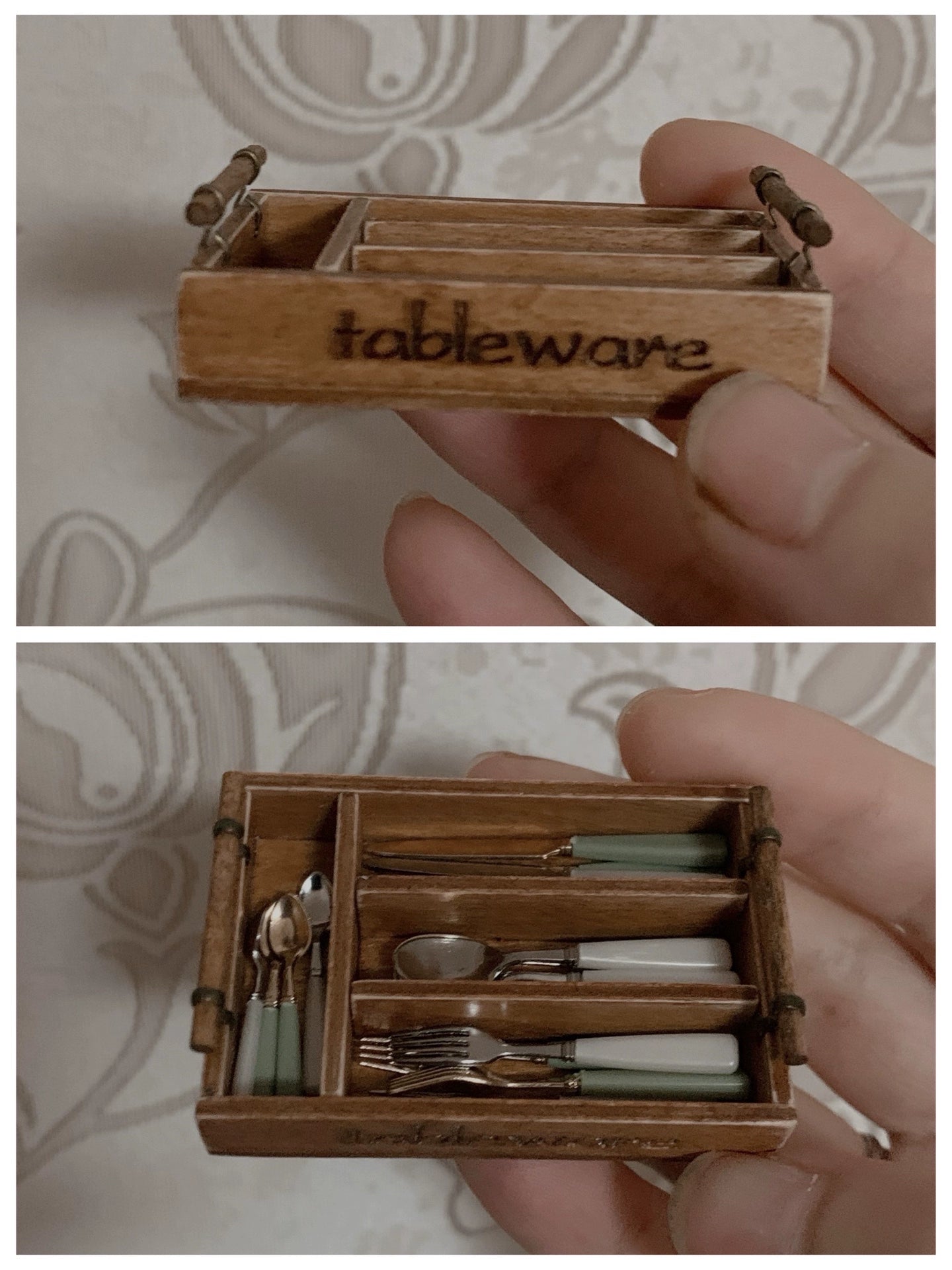 1:12 Scale Miniature Wooden Cutlery Box With Vintage Miniature Dollhouse Kitchen Accessories