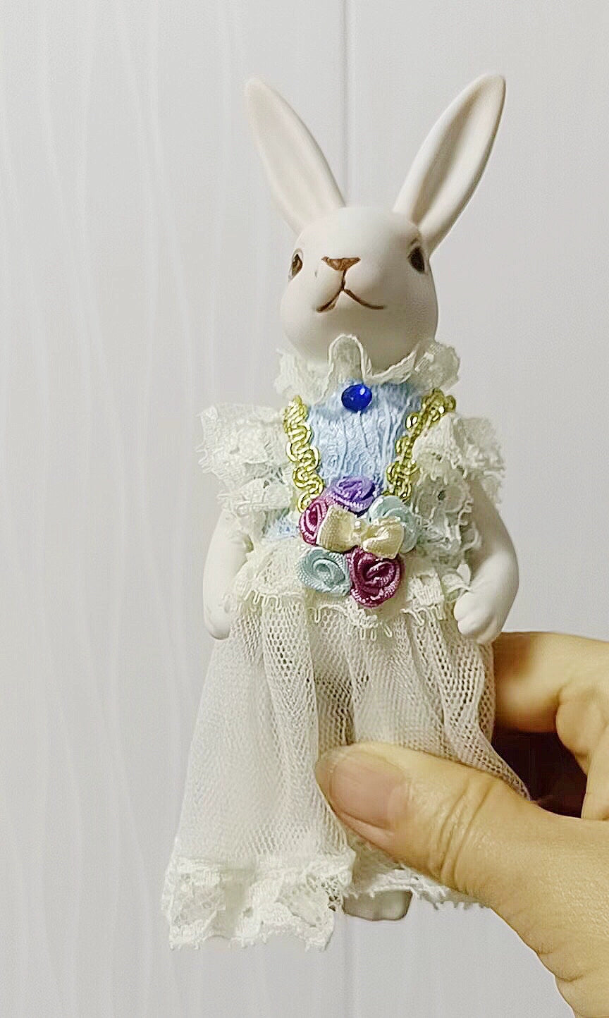 1:6 Scale Vintage Porcelain Jointed Rabbit Doll With Removable Outfits