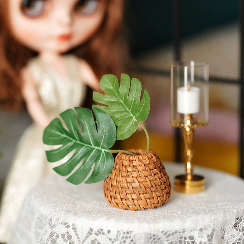Pot de fleurs en osier miniature pour décoration de maison de poupée, échelle 1:6, double usage, simulation de plante en pot, accessoires BJD Blythe