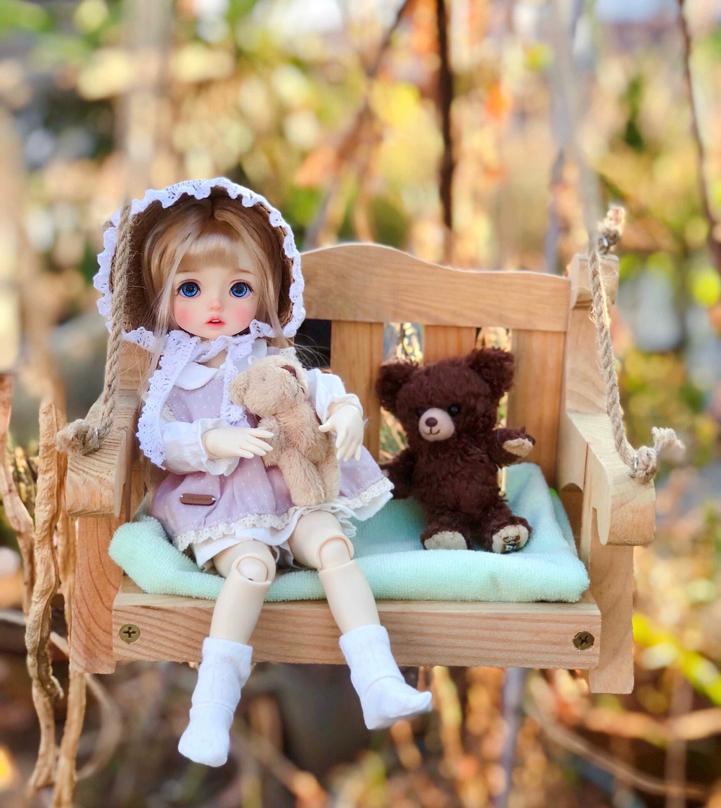 1:6 Scale Hanging Swing Chair For 2 Miniature Dollhouse Garden Antique Cotton Doll Seating