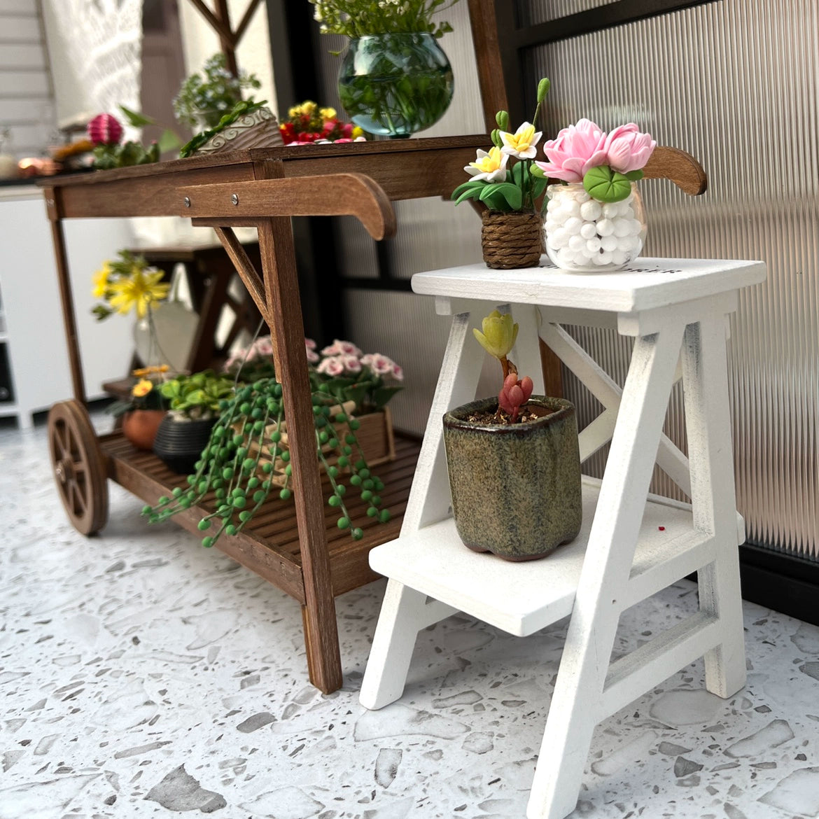 1:12 Scale Miniature Wooden Flower Stand With Potted Plants For Dollhouse Garden Scene BJD Furniture