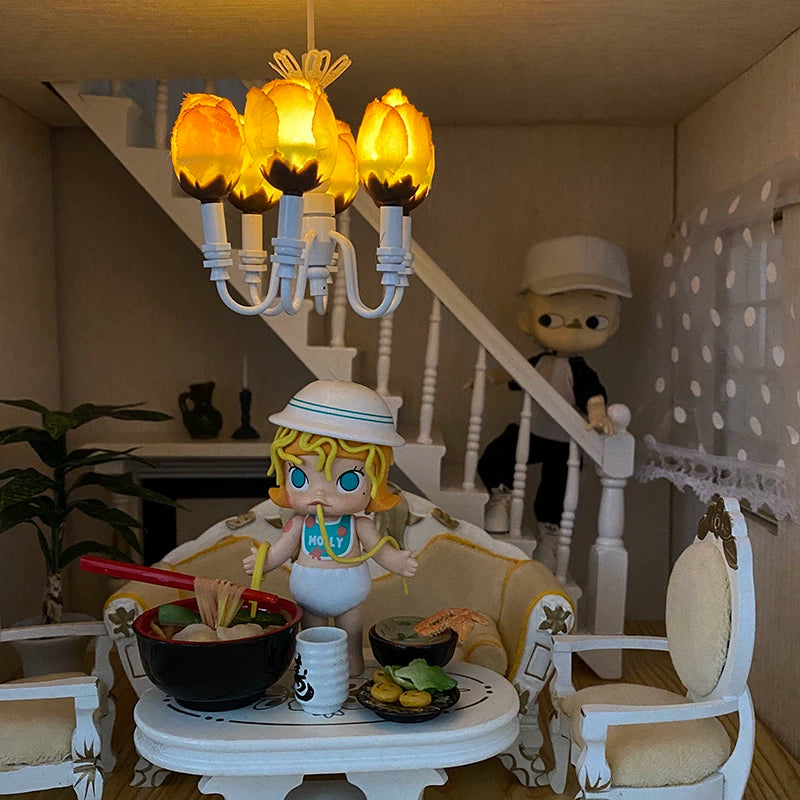 1:12 Scale Miniature Dollhouse Rose Six Head Wireless LED Chandelier Lighting Accessory