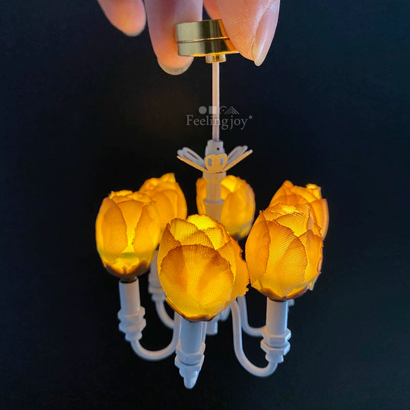 1:12 Scale Miniature Dollhouse Rose Six Head Wireless LED Chandelier Lighting Accessory