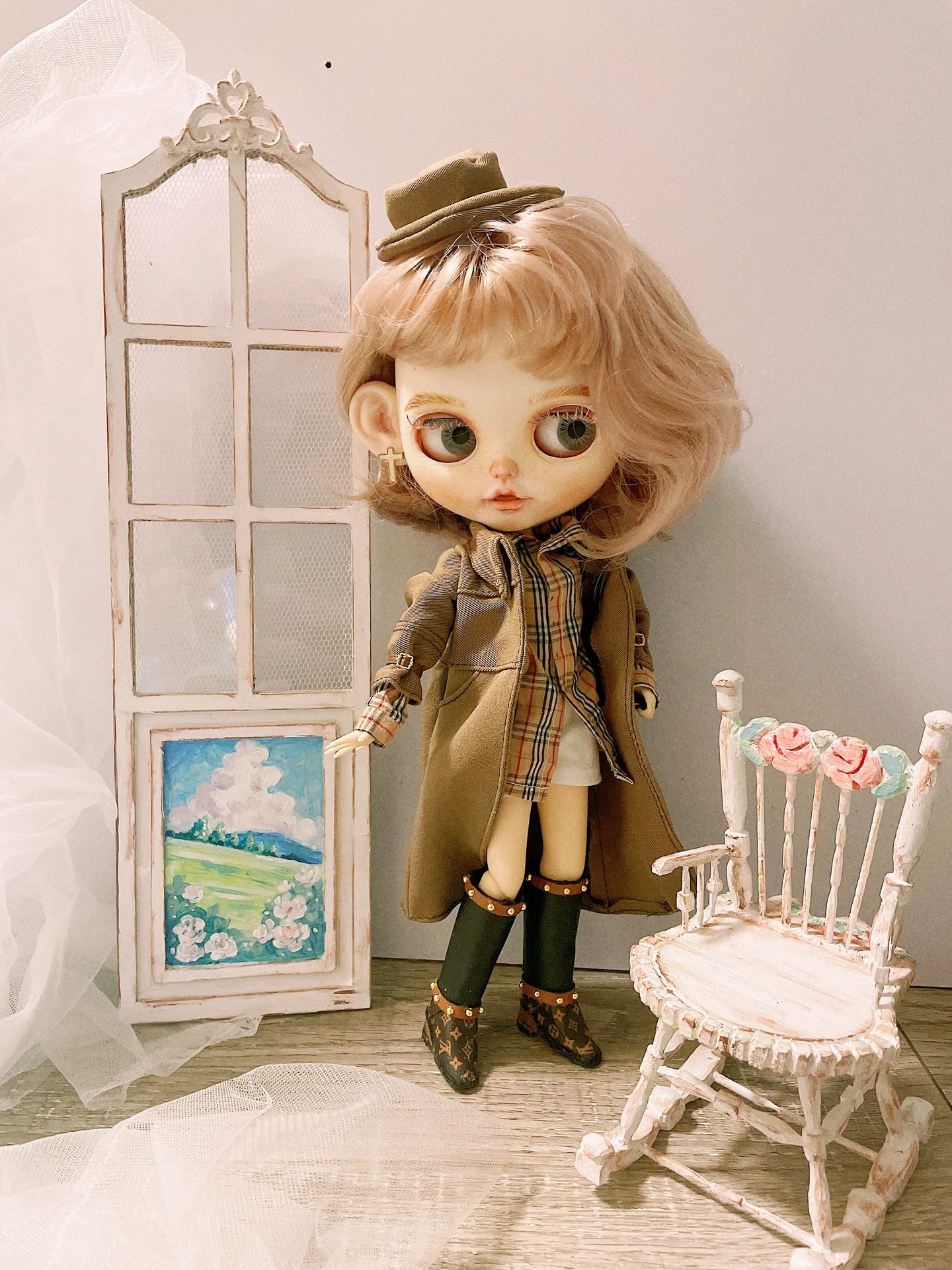 1:6 Scale Miniature Dollhouse Background Hand Painted Vintage Folding Screen For Blythe Doll Photography