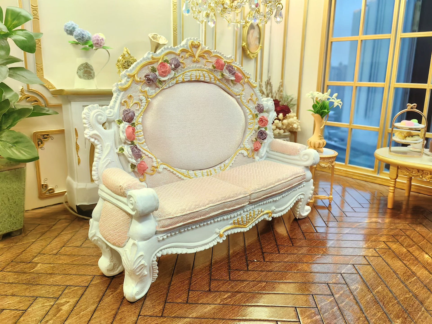 Sofá miniatura a escala 1:12, muebles para casa de muñecas, decoración de sala de estar BJD rosa