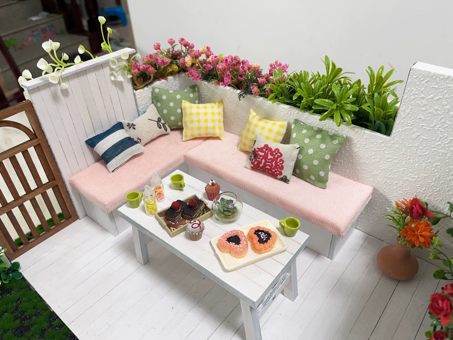 Juego de muebles de casa de muñecas en miniatura para jardín a escala 1:12