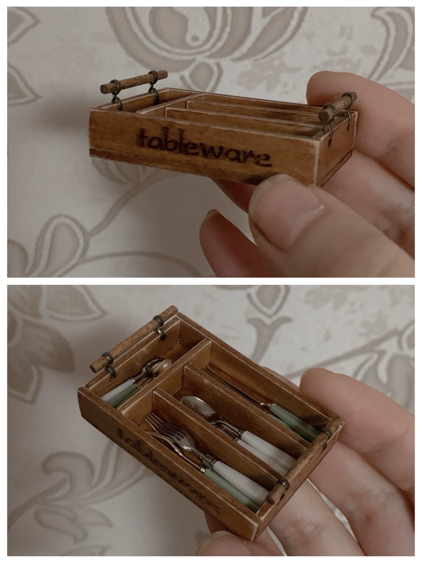 1:12 Scale Miniature Wooden Cutlery Box With Vintage Miniature Dollhouse Kitchen Accessories