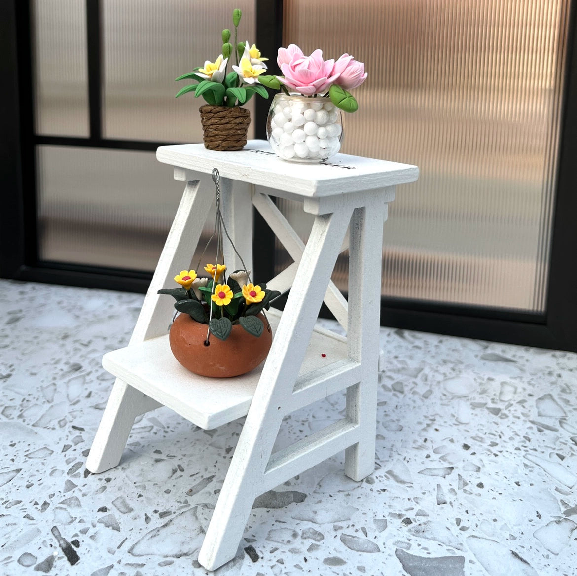 1:12 Scale Miniature Wooden Flower Stand With Potted Plants For Dollhouse Garden Scene BJD Furniture