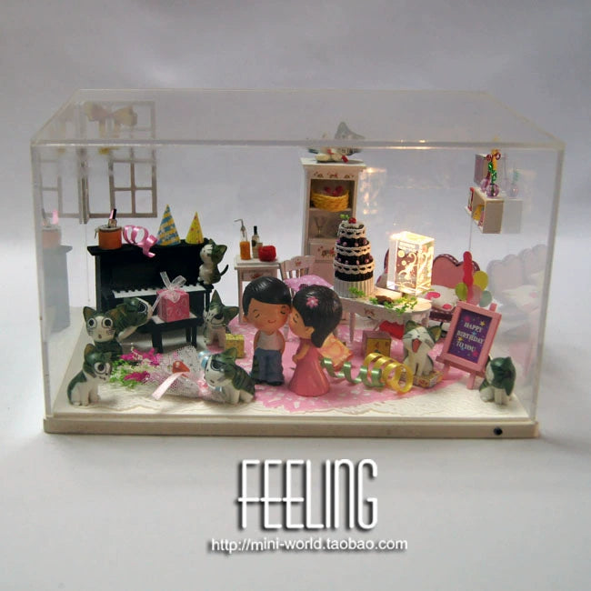 Casa de muñecas en miniatura a escala 1:12, con escena de gato y queso, con luces, regalo de cumpleaños para parejas