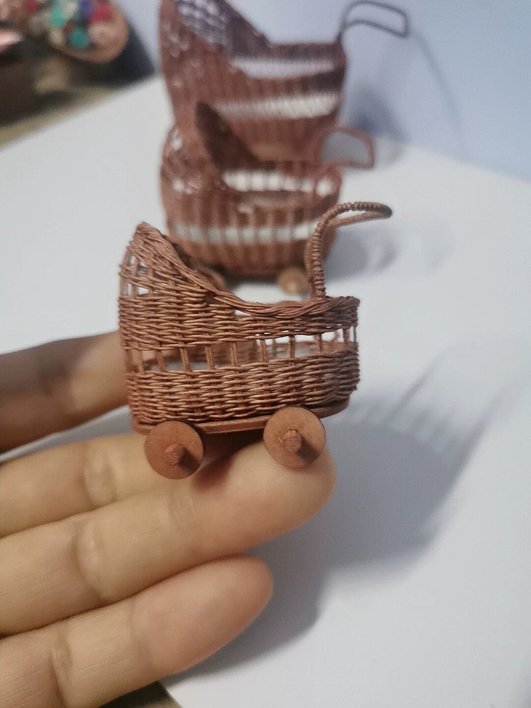 1:12 Scale Woven Rattan Miniature Baby Stroller And Cradle Dollhouse Furniture For Obll Dolls