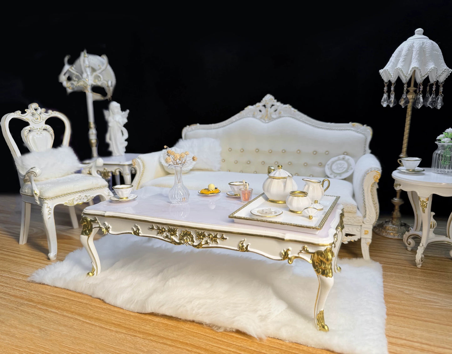 Mesa de centro de madera a escala 1:6, mesa auxiliar, mesa auxiliar redonda, lámpara de pie alta, muebles para casa de muñecas en miniatura