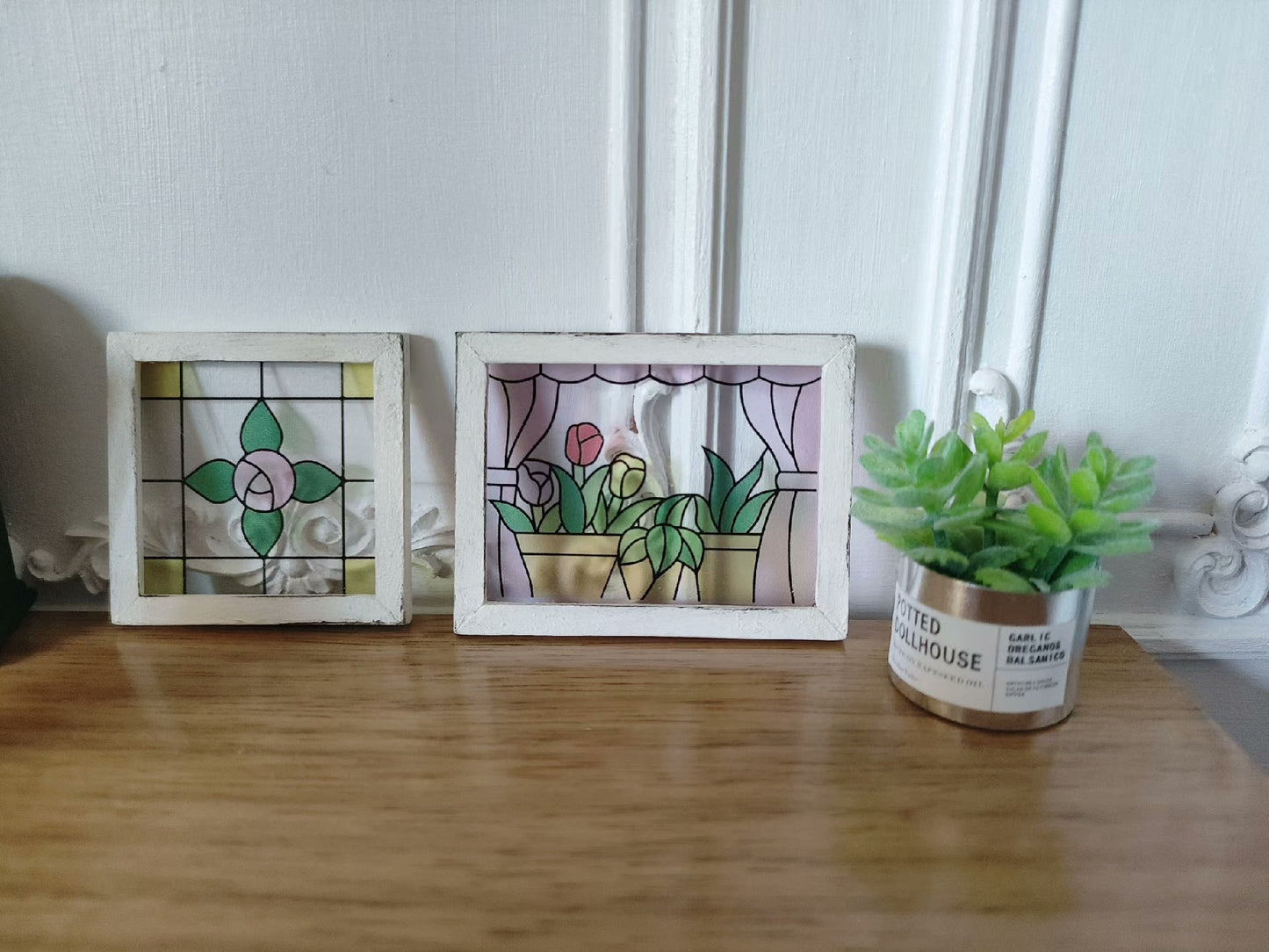 Juego de 2 mini ventanas con flores, decoración hecha a mano, escala 1:12, para casa de muñecas