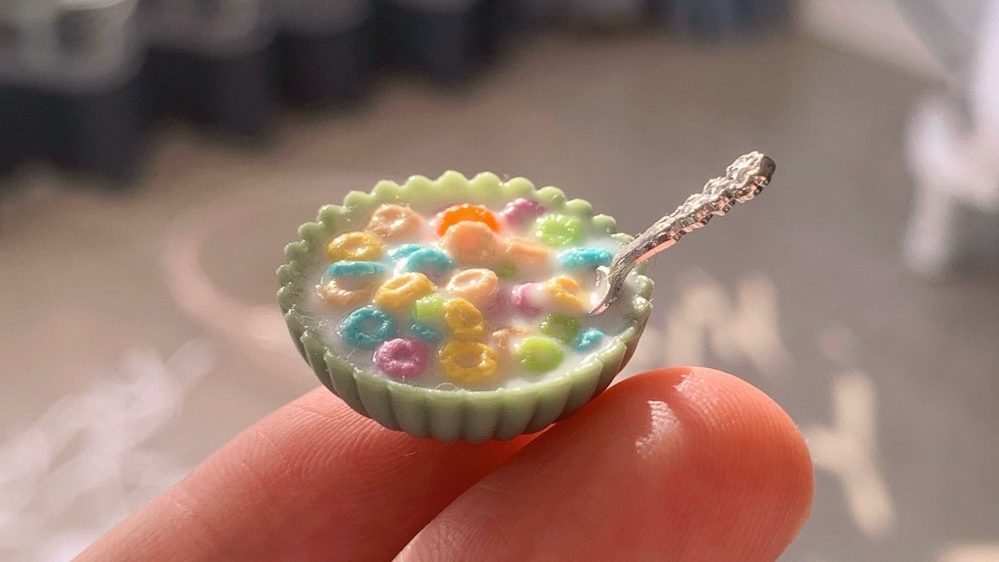 1:12 Scale Miniature Rainbow Cereal Bowl With Spoon Customizable Colors Black Or Green Option For Dollhouse Kitchen
