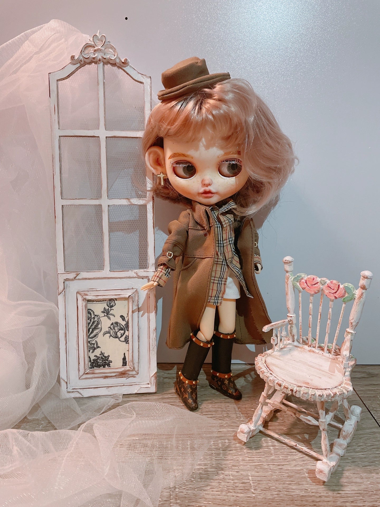 1:6 Scale Miniature Dollhouse Background Hand Painted Vintage Folding Screen For Blythe Doll Photography