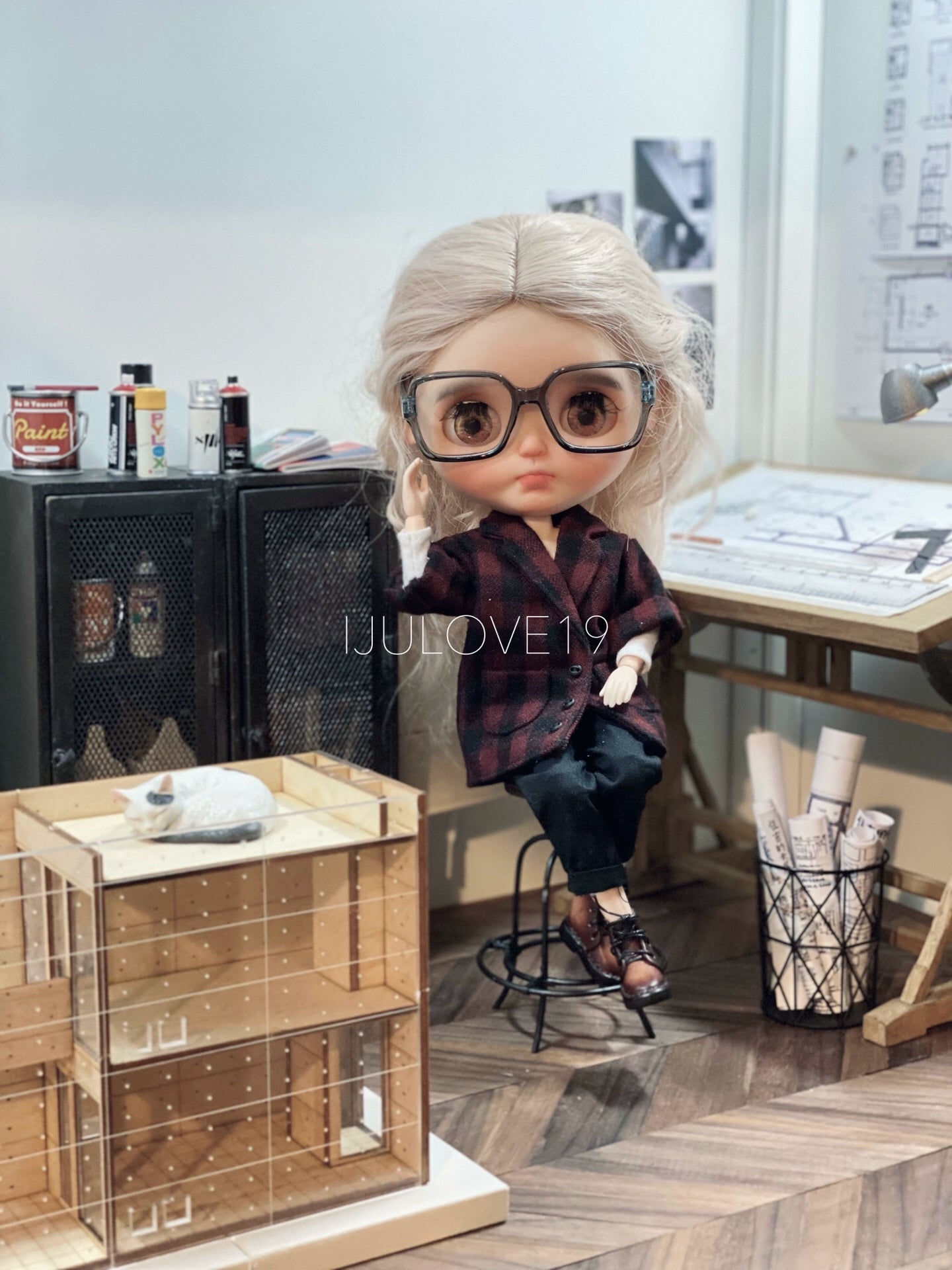 Banco de trabajo de madera a escala 1:6, muebles en miniatura para casa de muñecas Blyth BJD