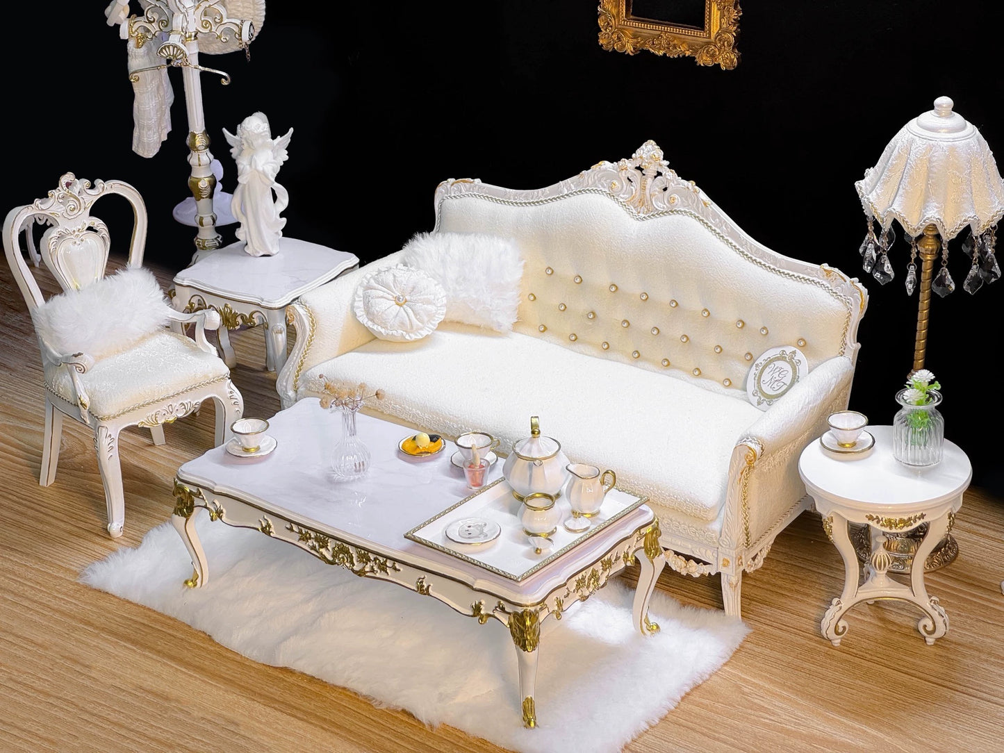Mesa de centro de madera a escala 1:6, mesa auxiliar, mesa auxiliar redonda, lámpara de pie alta, muebles para casa de muñecas en miniatura