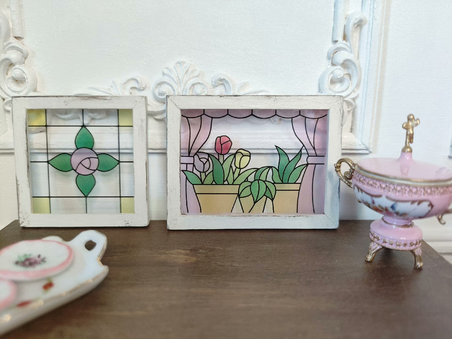 Juego de 2 mini ventanas con flores, decoración hecha a mano, escala 1:12, para casa de muñecas