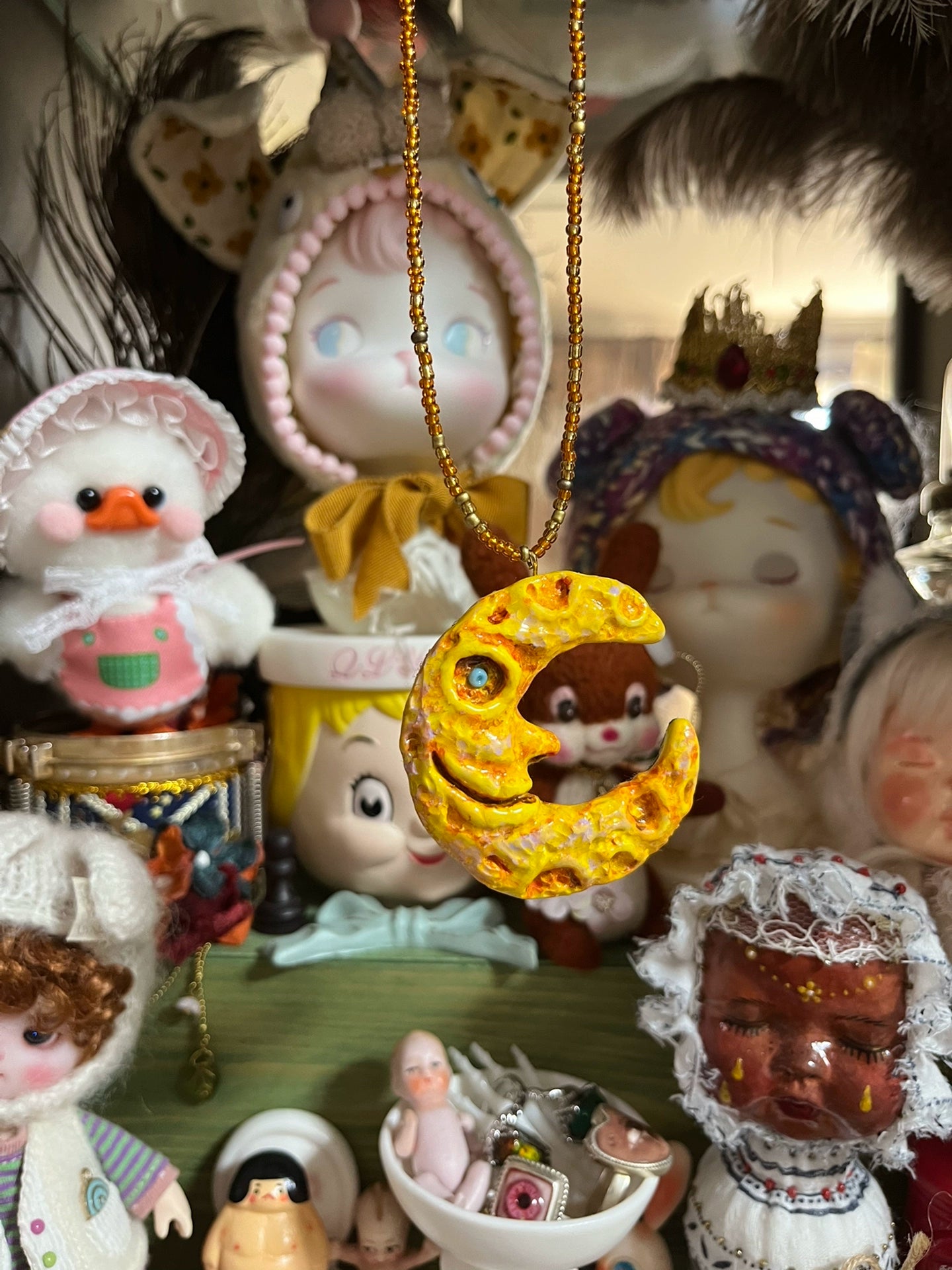 Handmade Necklace Whimsical Moon Face