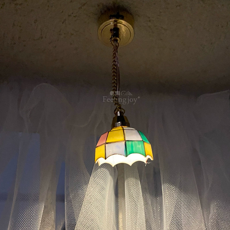 1:12 Scale Miniature Dollhouse Tiffany Style Gold Trim Wireless LED Pendant Light With Lighting