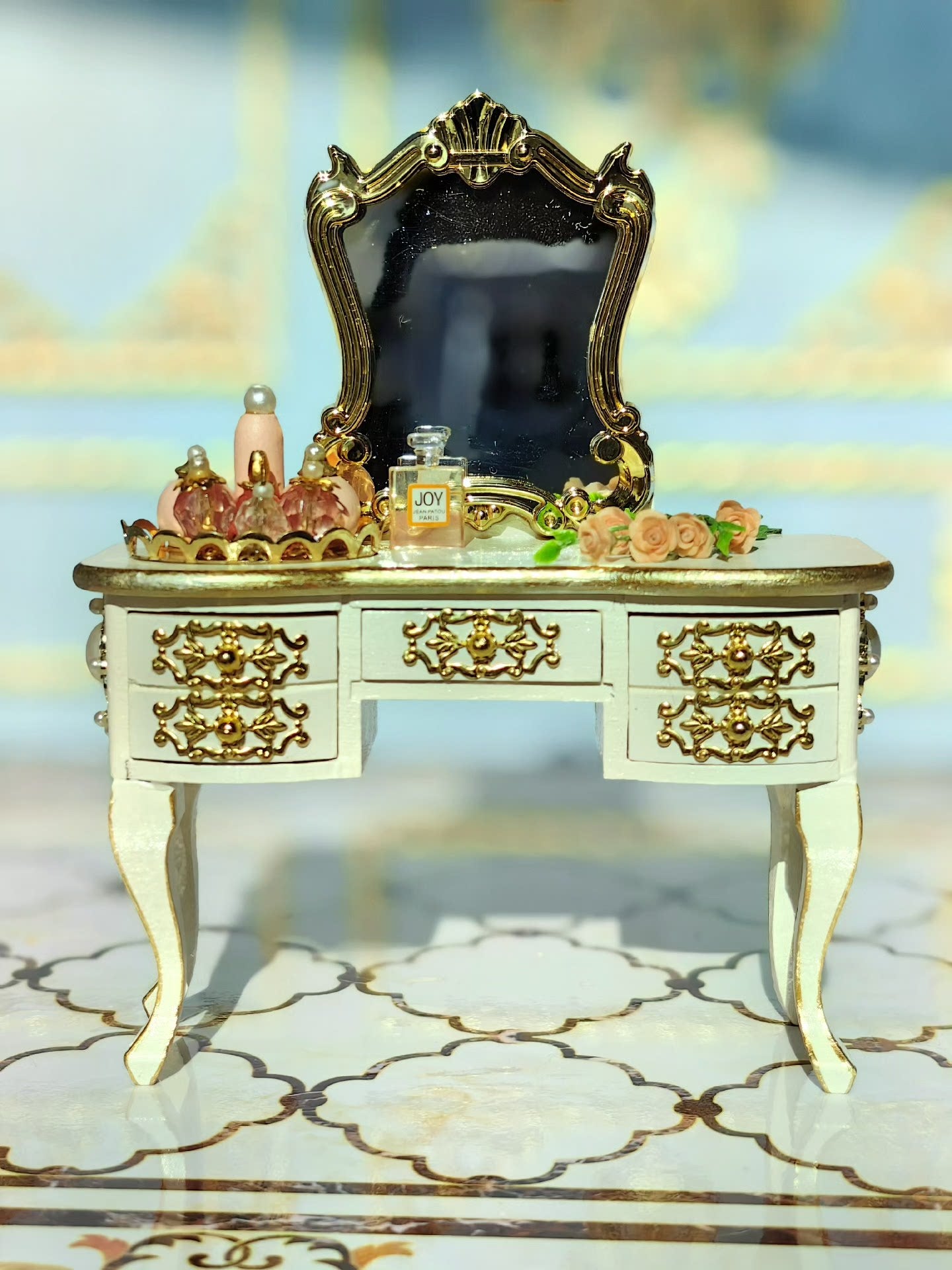 1:12 Scale Miniature Vanity Desk Handmade European Style Gilded Dollhouse Furniture