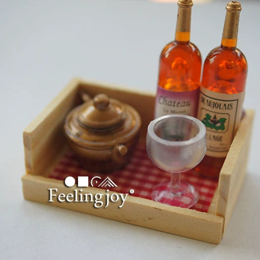Meubles miniatures pour maison de poupée, accessoires, caisse à vin avec tasses et pichet, style campagnard, échelle 1:6/1:12