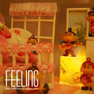 Casa de muñecas en miniatura a escala 1:24, dormitorio con luces inalámbricas, regalo de cumpleaños con temática de Shin Chan.