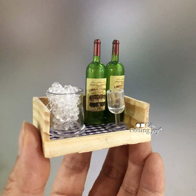 Meubles miniatures pour maison de poupée, accessoires, caisse à vin avec tasses et pichet, style campagnard, échelle 1:6/1:12