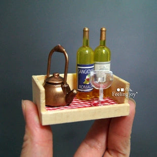 Meubles miniatures pour maison de poupée, accessoires, caisse à vin avec tasses et pichet, style campagnard, échelle 1:6/1:12