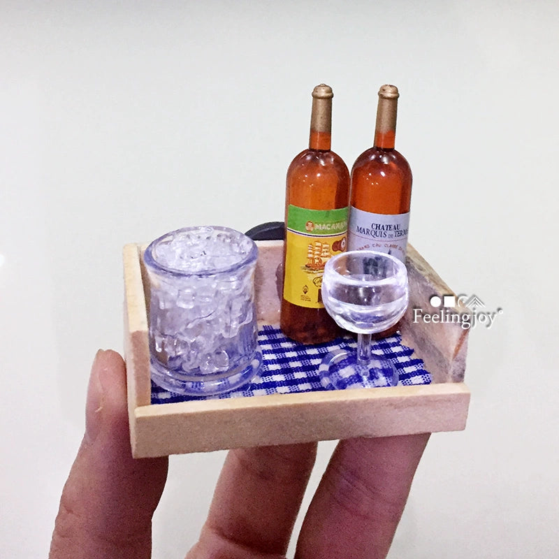 Meubles miniatures pour maison de poupée, accessoires, caisse à vin avec tasses et pichet, style campagnard, échelle 1:6/1:12