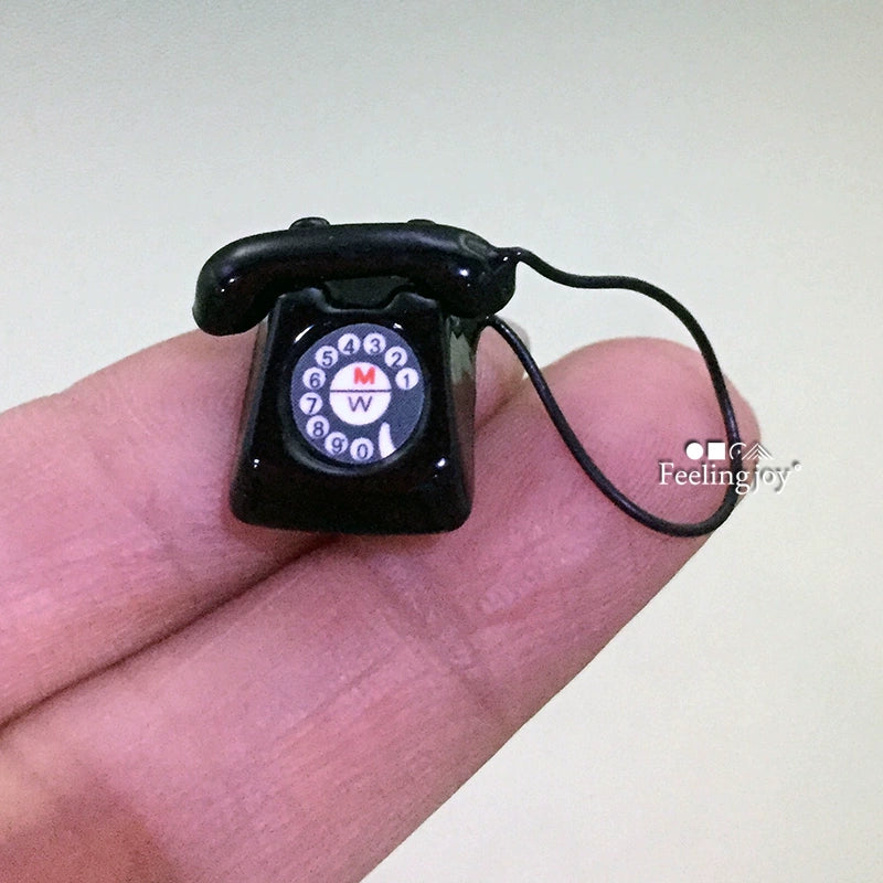 Accesorios para casa de muñecas en miniatura a escala 1:24, teléfono con cable negro