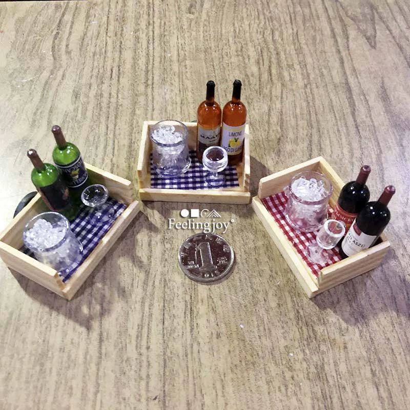 Meubles miniatures pour maison de poupée, accessoires, caisse à vin avec tasses et pichet, style campagnard, échelle 1:6/1:12