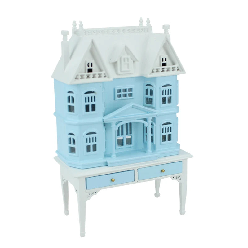 Casa de muñecas azul a escala 1:144 con mesa y muebles en miniatura a escala 1:12