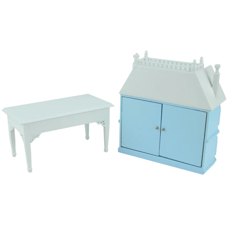 Casa de muñecas azul a escala 1:144 con mesa y muebles en miniatura a escala 1:12