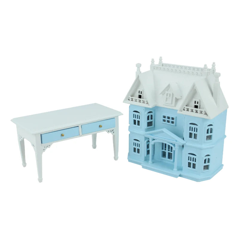 Casa de muñecas azul a escala 1:144 con mesa y muebles en miniatura a escala 1:12