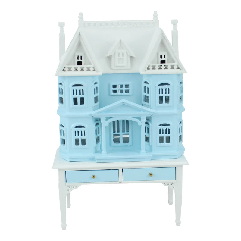 Casa de muñecas azul a escala 1:144 con mesa y muebles en miniatura a escala 1:12