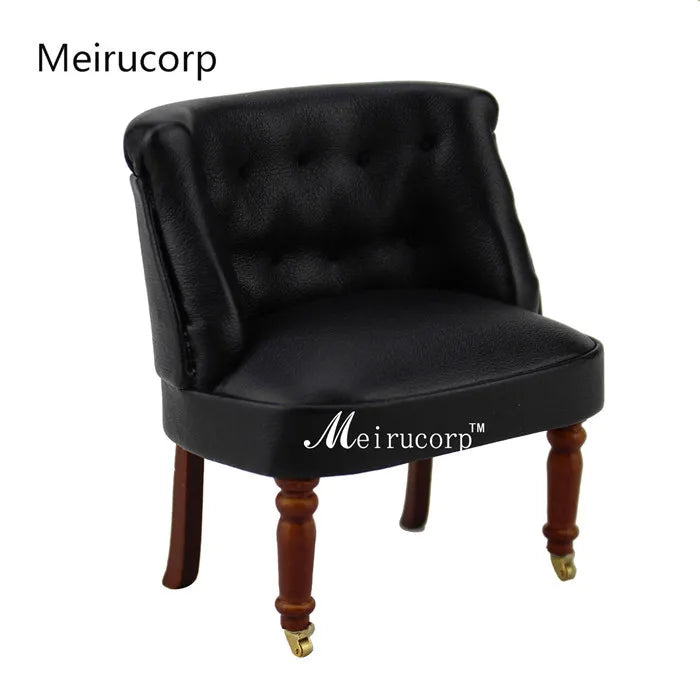 Silla de casa de muñecas en miniatura tapizada en negro a escala 1:12