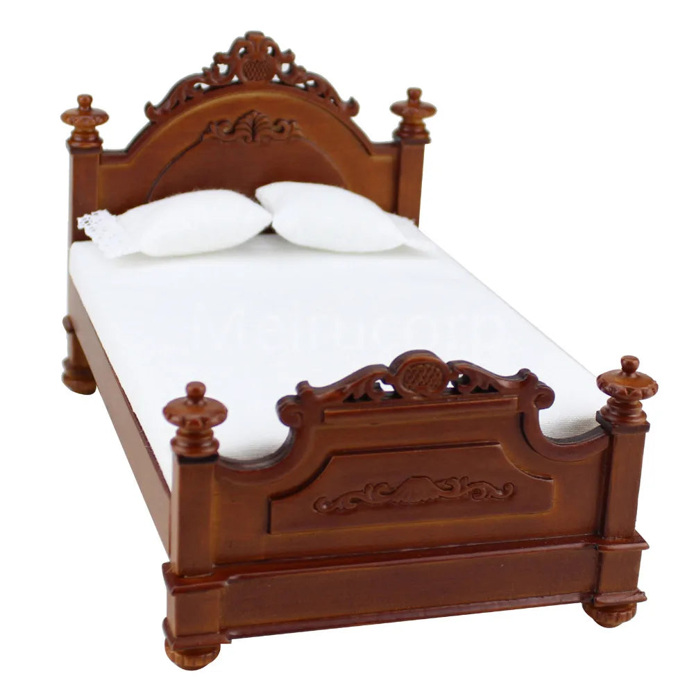 Muebles de dormitorio para casa de muñecas en miniatura a escala 1:12: cama de palacio vintage tallada a mano