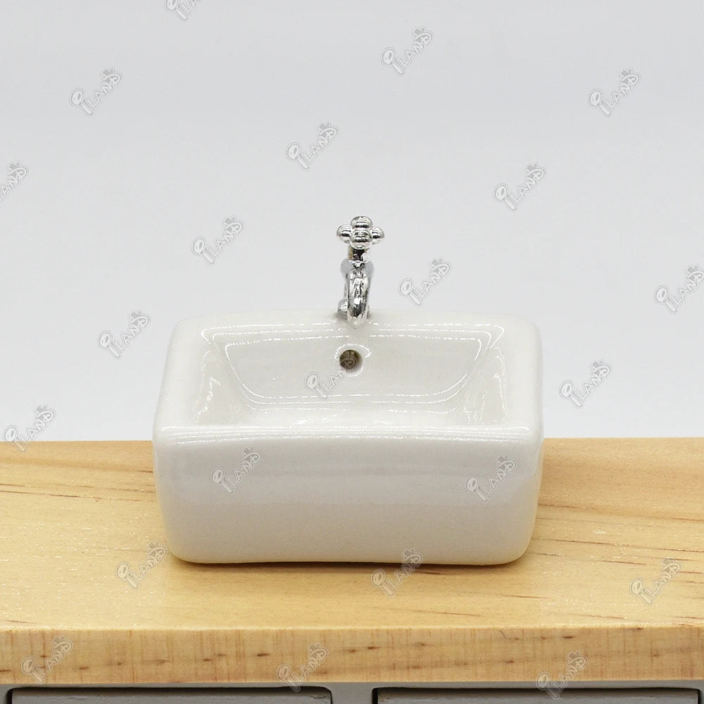 1:12 Scale Miniature Ceramic Bathroom Sink With Faucet For Dollhouse Accessories Miniature Furniture